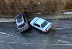 Trabzon'da buz pistine dönen yolda sürücülerin zor anları kamerada