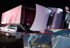 TIR'ın üzerine devrildiği otomobildeki baba yaralandı, oğlu öldü; kaza kamerada