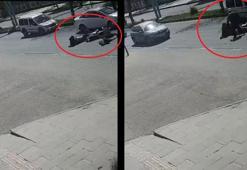Eteği zincire takılınca motosiklet devrildi; kaza kamerada