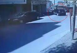 Önce park halindeki otomobile, ardından demir korkuluklara çarpıp, bahçeye uçtu; o anlar kamerada