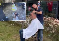 Başakşehir'de müşterinin depremde yarım kalan saç tıraşı bahçede tamamlandı