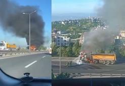 Hafriyat kamyonu alev alev yandı