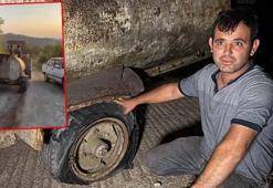 Patlak lastikle yangın bölgesine su taşıdı