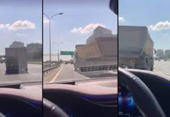 Bahçelievler’de hafriyat kamyonunun makas atarak ilerlediği anlar kamerada