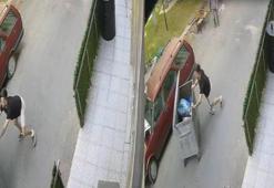 Yokuş aşağı hareket eden çöp konteynerini durdurdu; o anlar kamerada