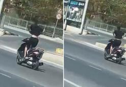 Çekmeköy'de motosikletlinin tek teker üzerinde tehlikeli yolculuğu kamerada