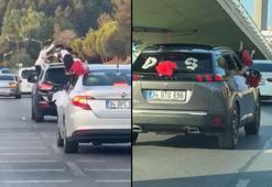 Trafiği tehlikeye düşüren düğün konvoyları kamerada; slalom yapıp camdan sarktılar