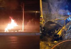 Yolda kalıp, tekrar çalıştırılmak istenen otomobil alev aldı