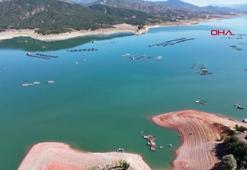 Sular çekildi, barajın ortasındaki kayalık karada kaldı