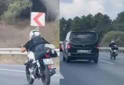 Eyüpsultan'da yatarak motosiklet süren sürücünün tehlikeli yolculuğu kamerada