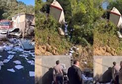 Sarıyer'de şoförünün direksiyon hakimiyetini kaybettiği kamyon alt yola düştü