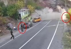 Dağdan kopan kaya parçasından son anda kurtuldu; o anlar kamerada