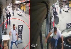 Otomobil iş yerine girdi; kaldırımdaki yaya ezilmekten son anda kurtuldu; kaza anı kamerada