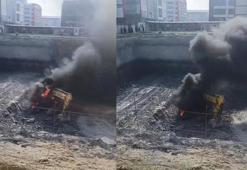 Arnavutköy'de iş makinesi alev alev yandı