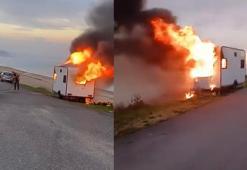 Çatalca'da park halindeki karavan alev alev yandı