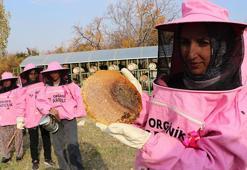 Pembe maskeli arıcı kadınlar, bal hasadında 'meme kanserine' dikkat çekti