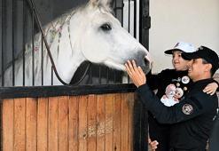 Lösemili çocuklar atları sevip, polislerle birlikte havaya balon bıraktı