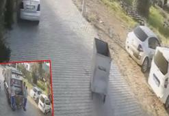 Çöp konteyneri çöp kamyonun peşinden sürüklendi; o anlar kamerada