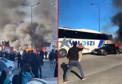 Minibüste çıkan yangın, otomobile sıçradı; cipin son anda kurtarılması kamerada