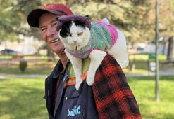 12 yıl önce sahiplenip birlikte 65 şehir gezdiği kedisi omzundan inmiyor