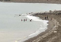 Yüksek kesimlerine kar yağan Bitlis'te, göle girip yüzdüler