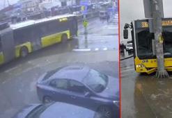 Sultangazi'de İETT otobüsü yola dökülen akaryakıt nedeniyle kayarak direğe çarptı