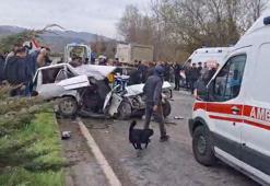 Kamyonla çarpışan otomobil ikiye bölündü: 1 ölü, 2 yaralı