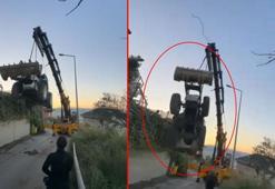 Vinçle taşınan kepçe, halat kopunca 5 metreden düştü; o anlar kamerada