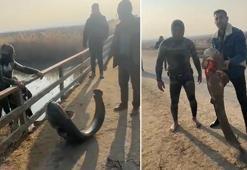 Çayda eliyle yakaladığı yayın balığını güçlükle sudan çıkardı