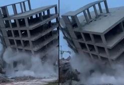 Gaziantep’te ağır hasarlı 8 katlı bina yıkıldı; o anlar kamerada