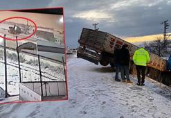 Nevşehir'de TIR şarampole devrildi; kaza kamerada