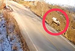 Hafif ticari aracın fındık bahçesine uçtuğu kaza kamerada