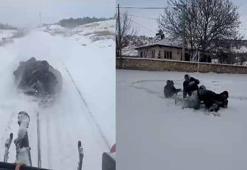 Askere gidecek gençlerin karda eğlencesi kamerada