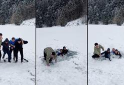 Derenin üzerinde zıplarken buz kırılınca suya düştüler; o anlar kamerada