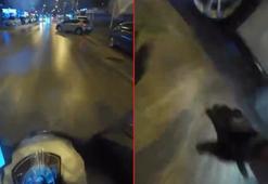 Motosikletin aniden yola çıkan cipe çarptığı kaza kask kamerasında