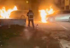Park halindeki otomobil ve cip alev alev yandı
