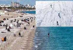 Antalya'da sahilde deniz, zirvede kayak keyfi