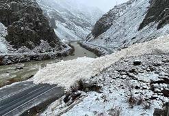 Hakkari-Çukurca kara yoluna çığ düşme anı kamerada