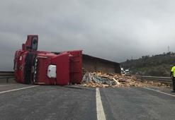 Devrilen ahşap yüklü TIR’ın şoförü yaralandı