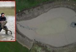 Göletin suyu boşalınca balıklar açıkta kaldı