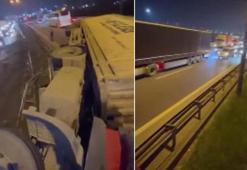Tuzla TEM Otoyolu'nda TIR devrildi; trafik yoğunluğu oluştu