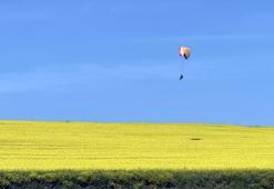 Sarı renge bürünen kanola tarlası üzerinde paramotorla uçtu