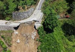 Rize'de sağanak sonrası çöken yol dronla görüntülendi