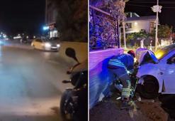 Otomobilin duvara çarptığı kaza kask kamerasında; 2 yaralı