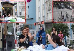 Ecrin, mucize kurtuluşun yaşandığı bina önünde pasta kesilip, balonlarla karşılandı