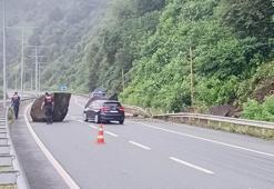 Rize'de dev kayalar sahil yoluna düştü