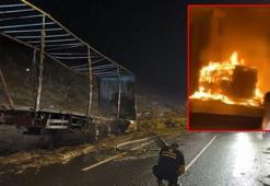 Kuzey Marmara Otoyolu’nda saman yüklü TIR'ın dorsesi alev alev yandı