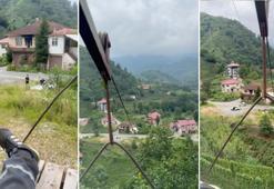 İlkel teleferikle tehlikeli yolculuk kamerada