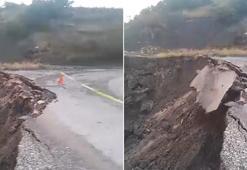 Tokat'ta heyelan; köy yolunun çökme anı kamerada
