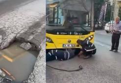 Maltepe’de asfalt çöktü; İETT otobüsü çukura düştü
